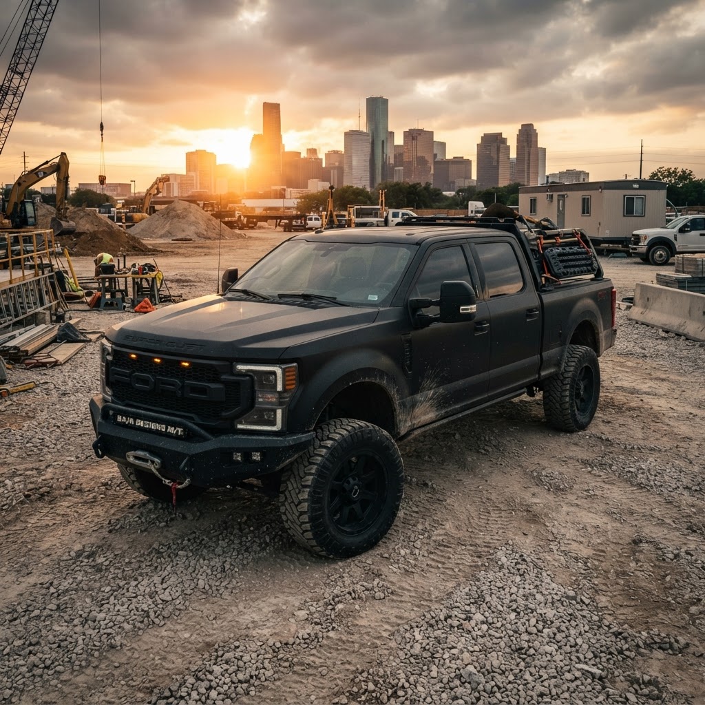 A rugged, lifted Ford F-250 parked at a construction site with custom wheels and a sleek, low-profile tonneau cover