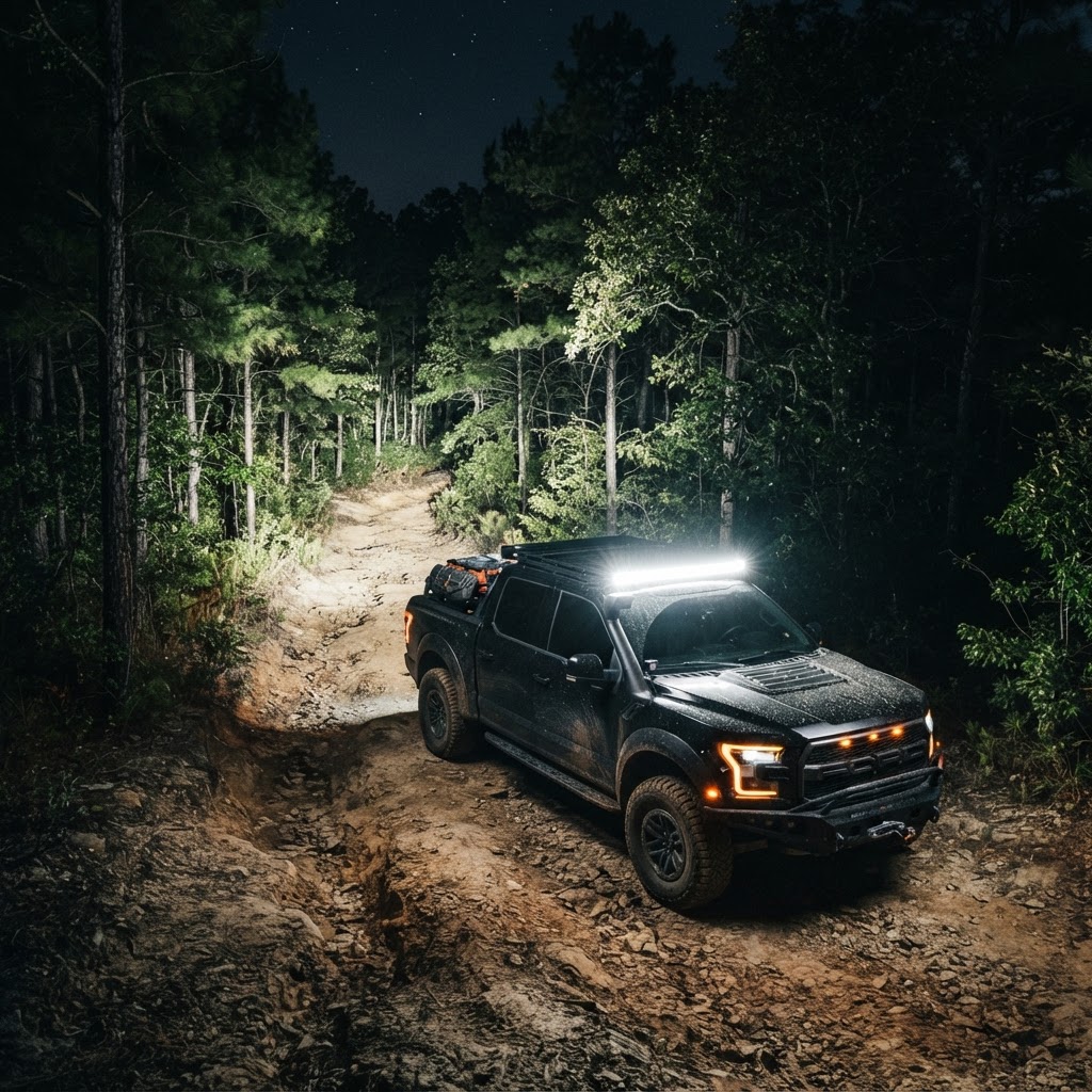 A custom lifted Ford F-150 with a massive Rigid E-Series light bar mounted on the roof rack, illuminating a dark forest trail