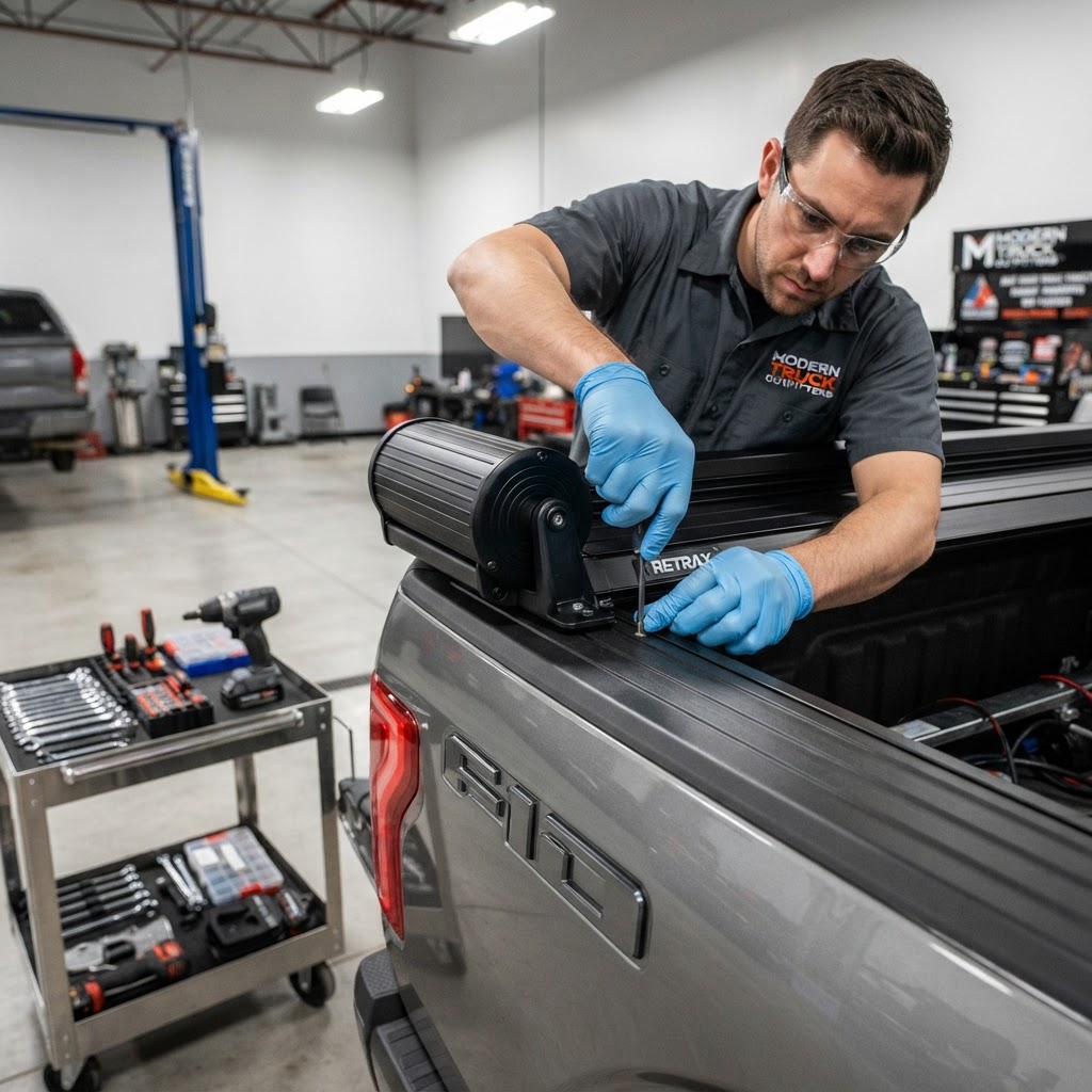 Mechanic installing a tonneau cover