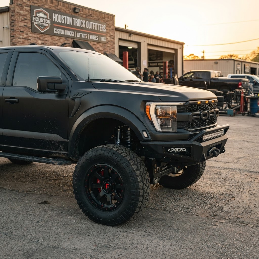 Close-up of a lifted F-150 on 37s