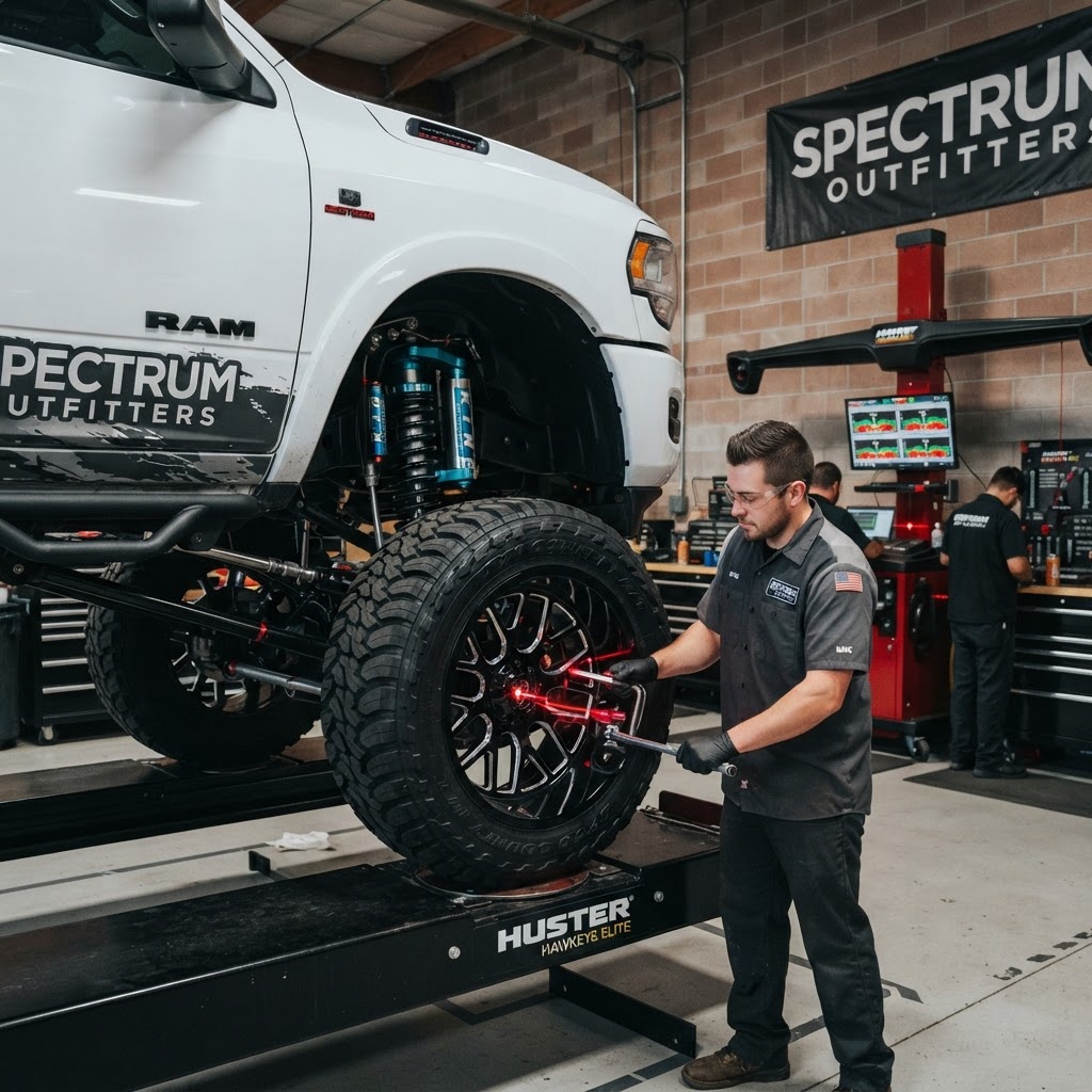 Mechanic performing a wheel alignment and precision balancing