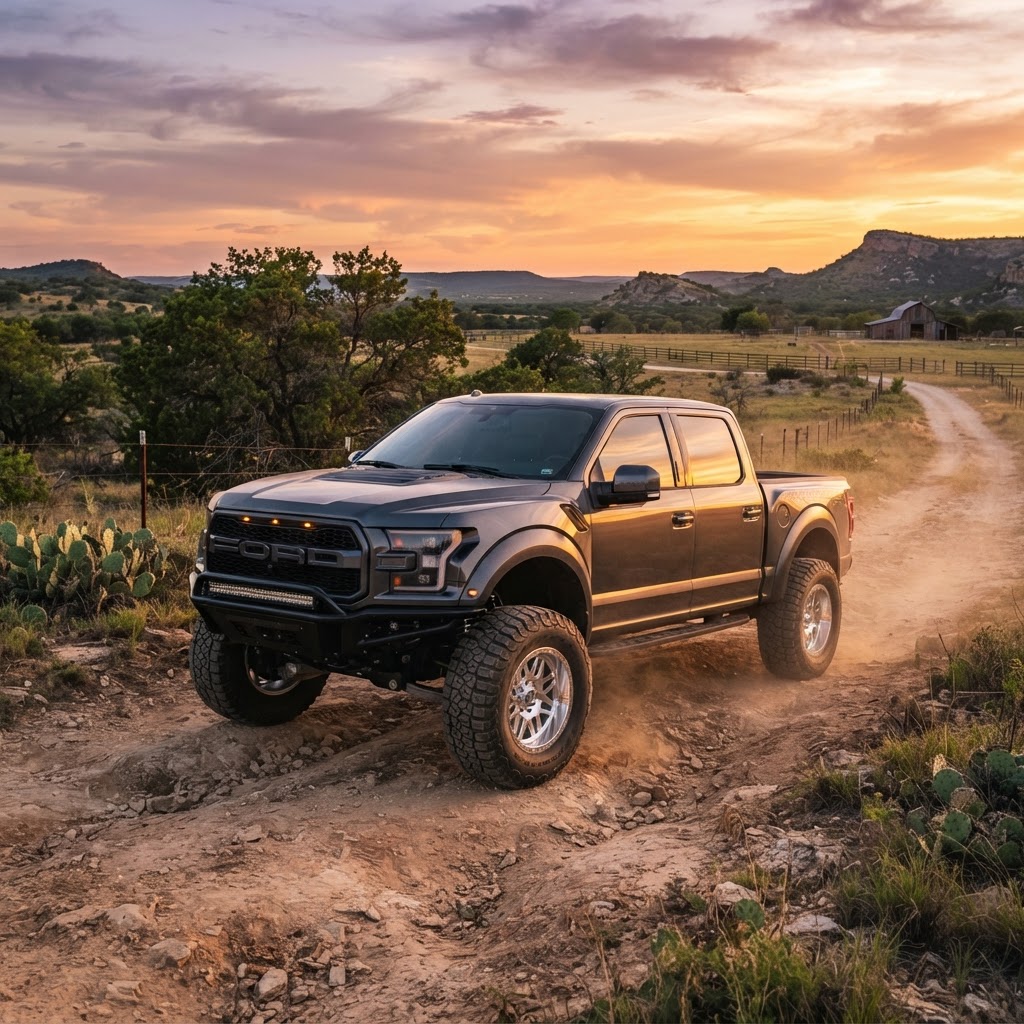 A aggressive matte black truck sitting high on rugged terrain with a Texas sunset in the background