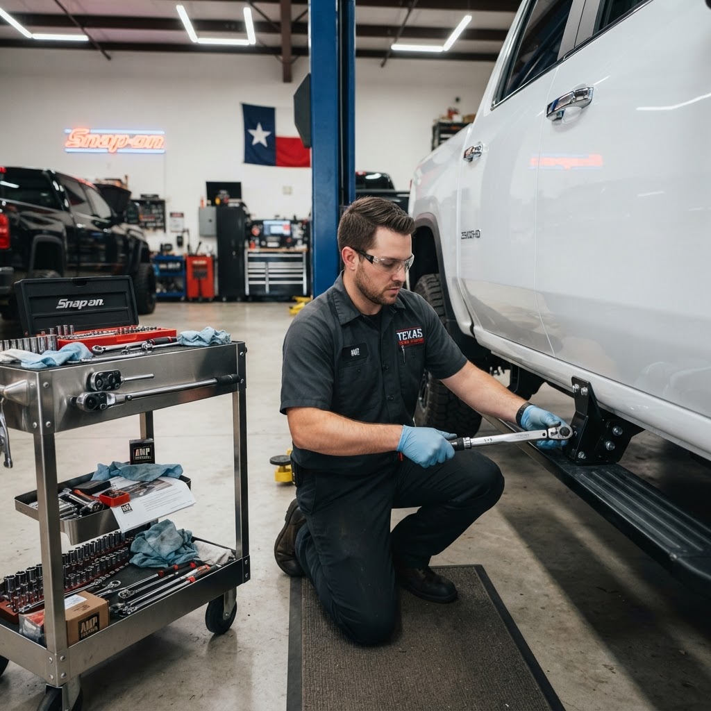 Mechanic installing AMP Research steps