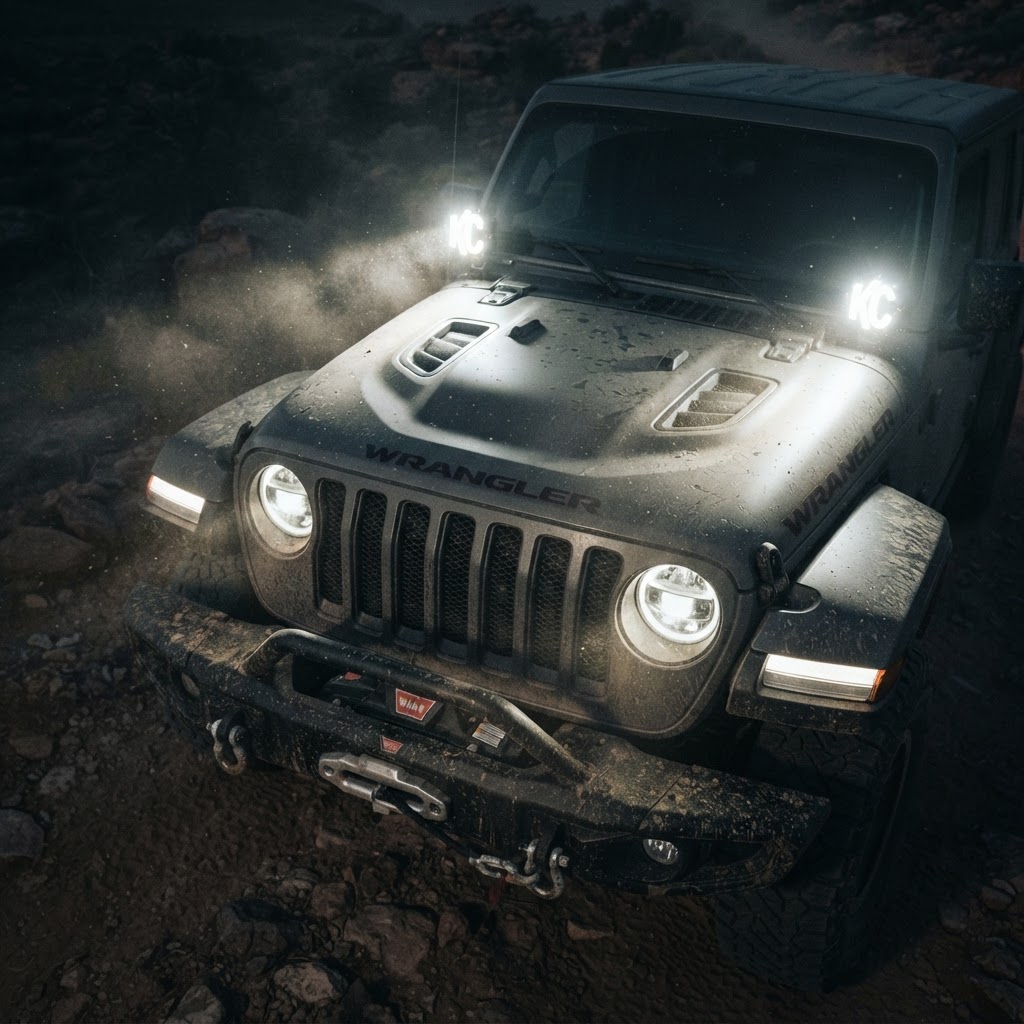 A aggressive blacked-out Jeep Wrangler front end featuring iconic KC Daylighter lights glowing intensely against a dark Texas desert night backdrop.