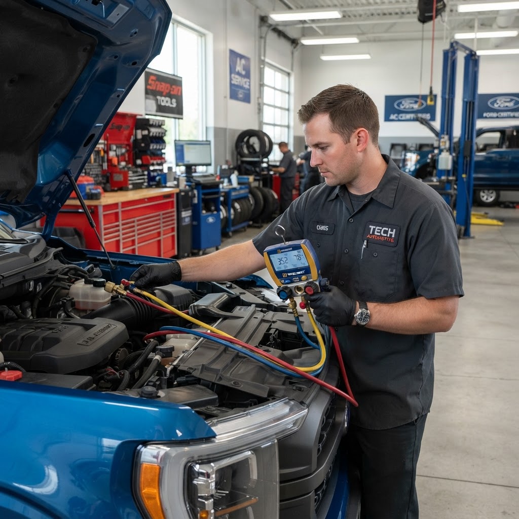Mechanic inspecting AC lines