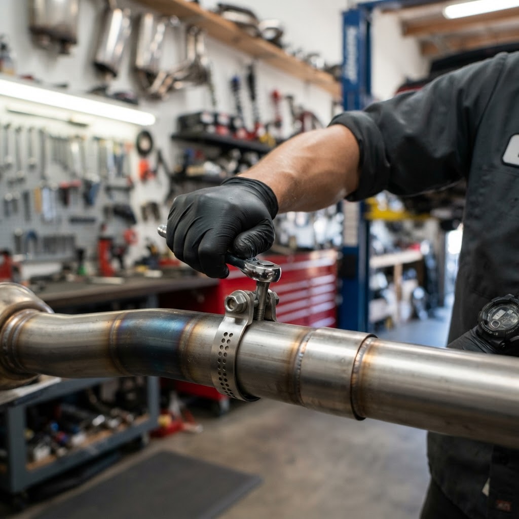 Mechanic finalizing a bolt on a performance muffler