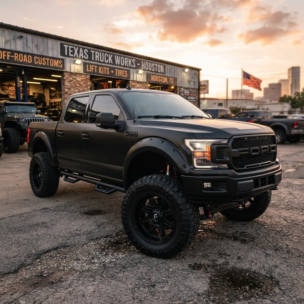 Close-up of a lifted F-150 on 37s