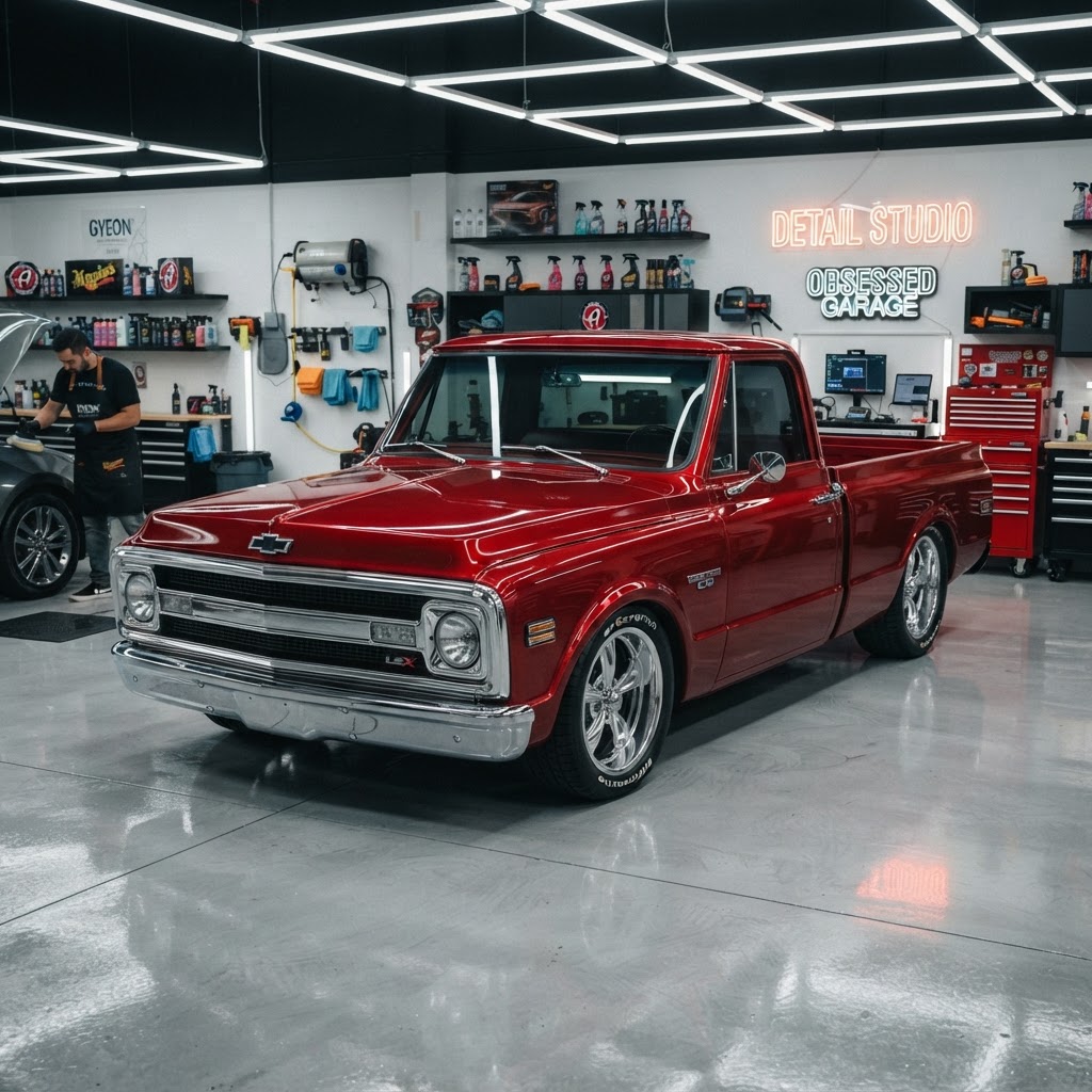 A finished custom truck being detailed in a bright, clean garage, reflecting overhead lights on the hood.