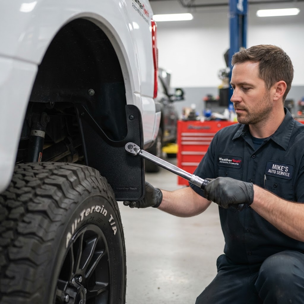 A technician at Spectrum Outfitters carefully installing WeatherTech mud flaps on a lifted truck