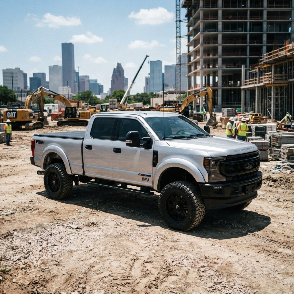 A rugged work truck parked at a job site