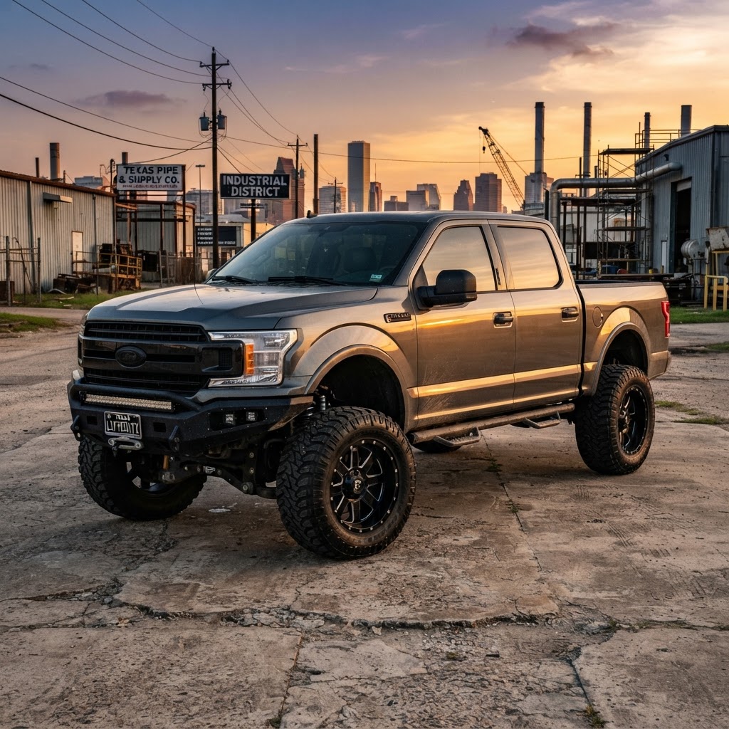 Close-up of a lifted F-150 on 37s