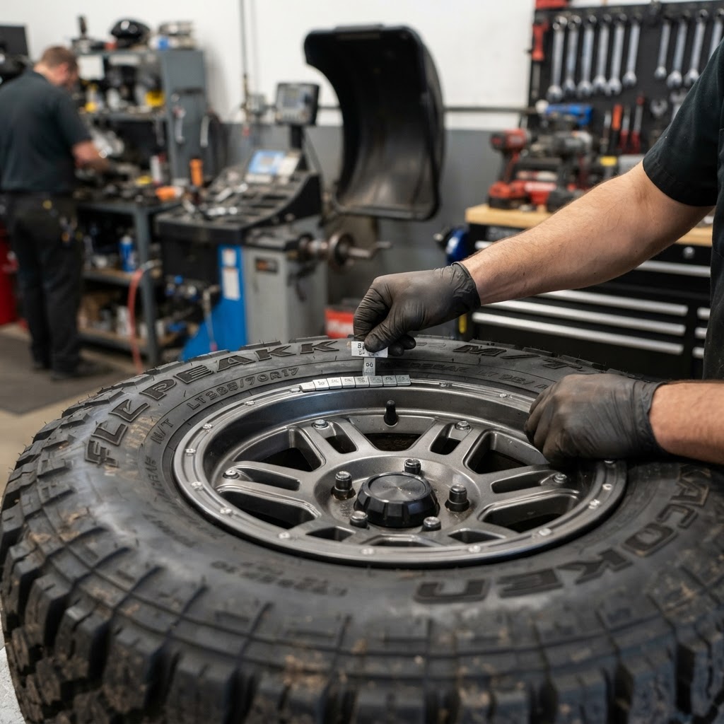 A technician at Spectrum Outfitters uses a high-end digital balancer to calibrate a massive BFGoodrich Mud-Terrain tire, focusing on the precision detail of the weights. The background shows a organized, professional workshop environment with high-end tools.