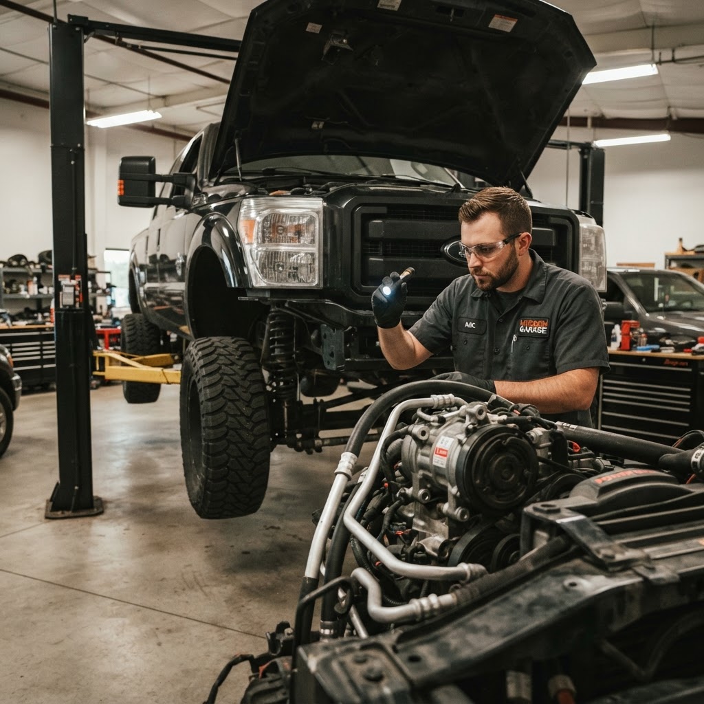 Mechanic inspecting a truck AC system