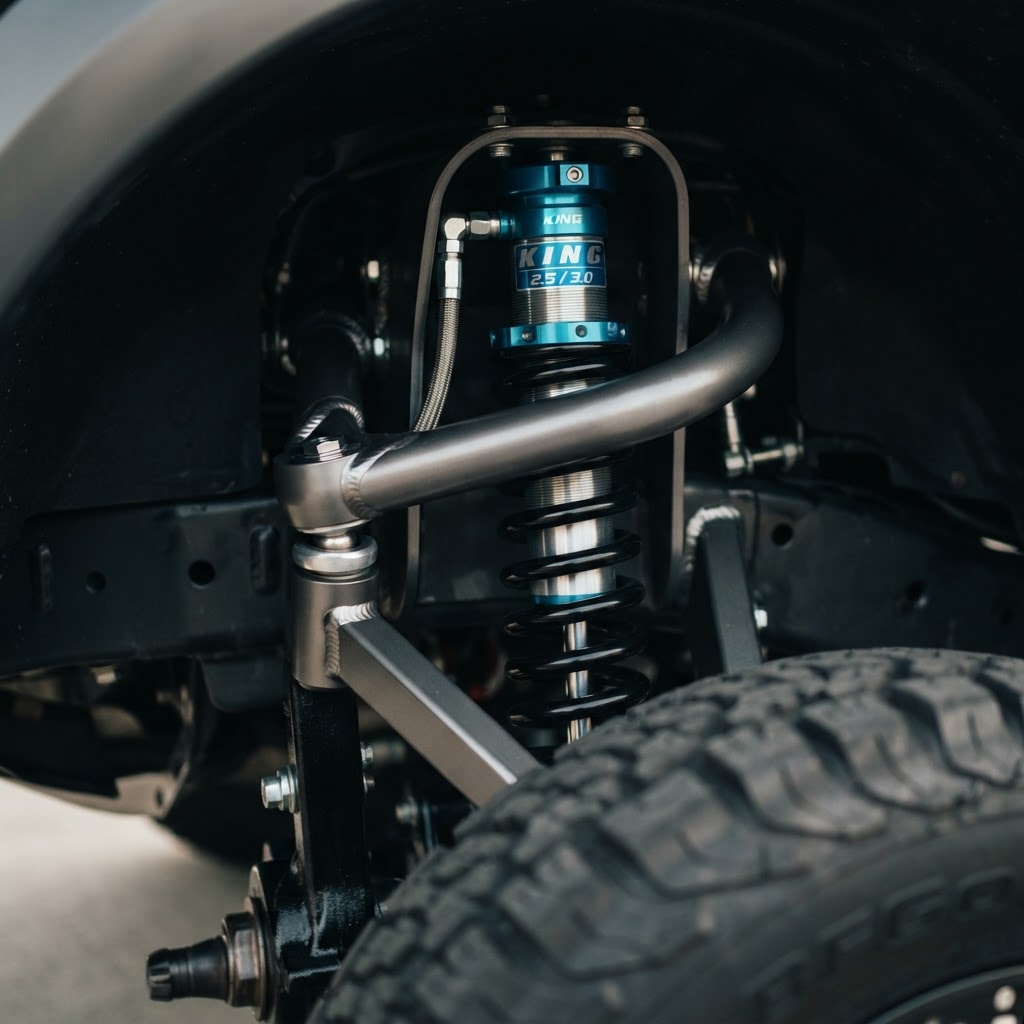 Detailed close-up of a high-performance truck suspension system with bright red shocks