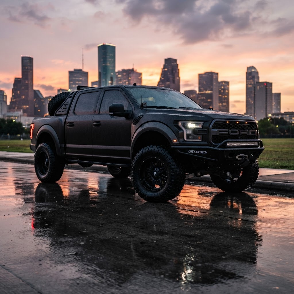 A lifted truck on custom wheels in front of the Houston skyline
