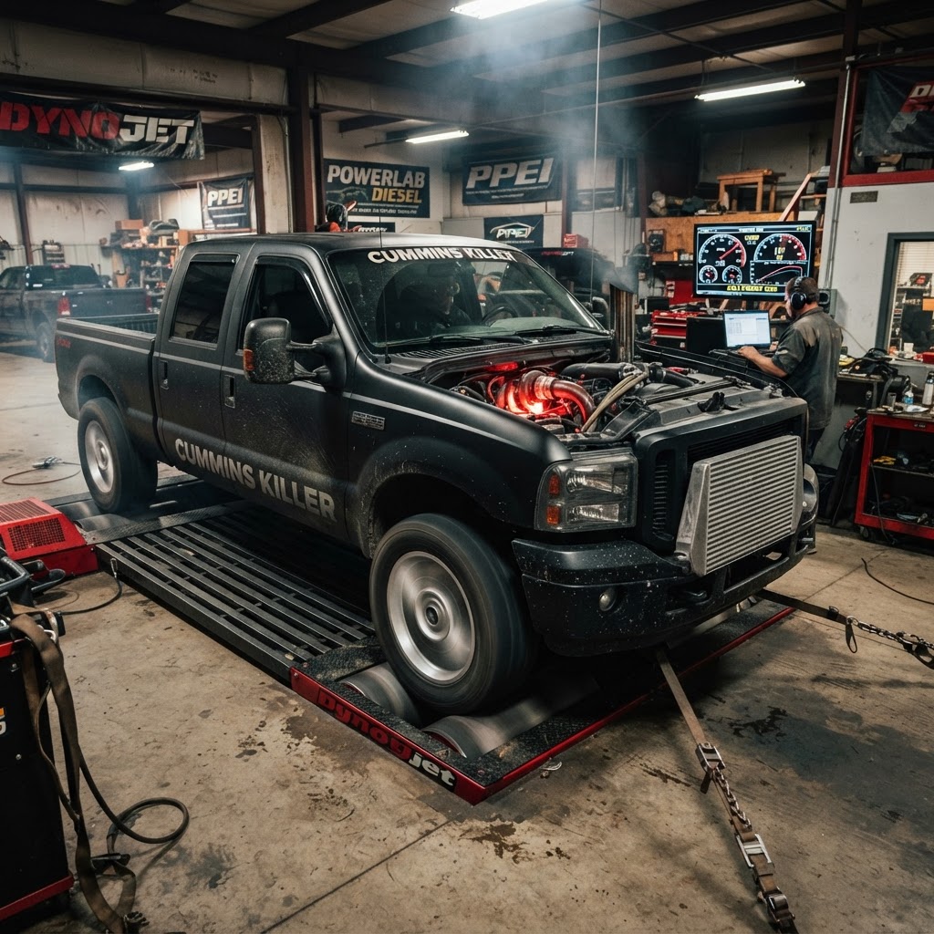 A custom diesel truck on a dyno