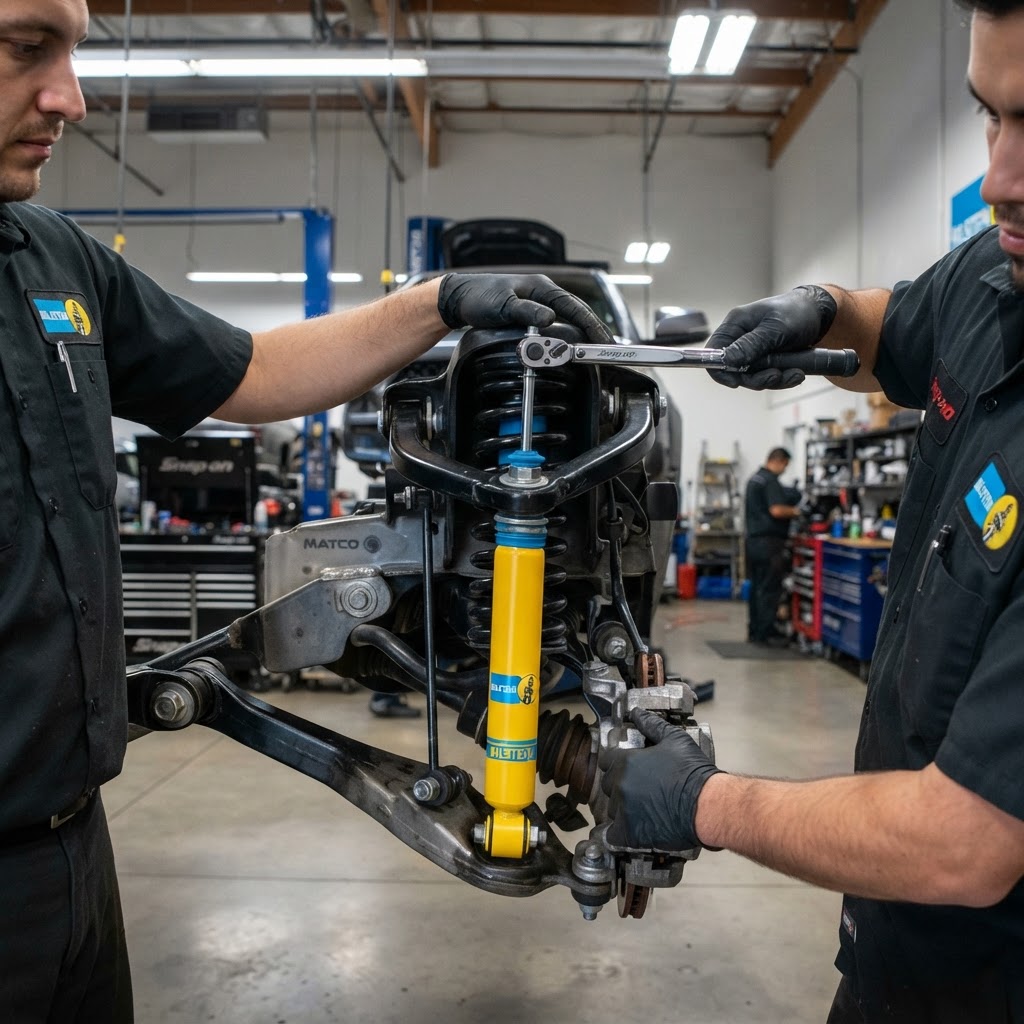 A close-up shot of a Bilstein 5100 shock being installed on a lifted Ford F-150 in a clean, professional shop environment