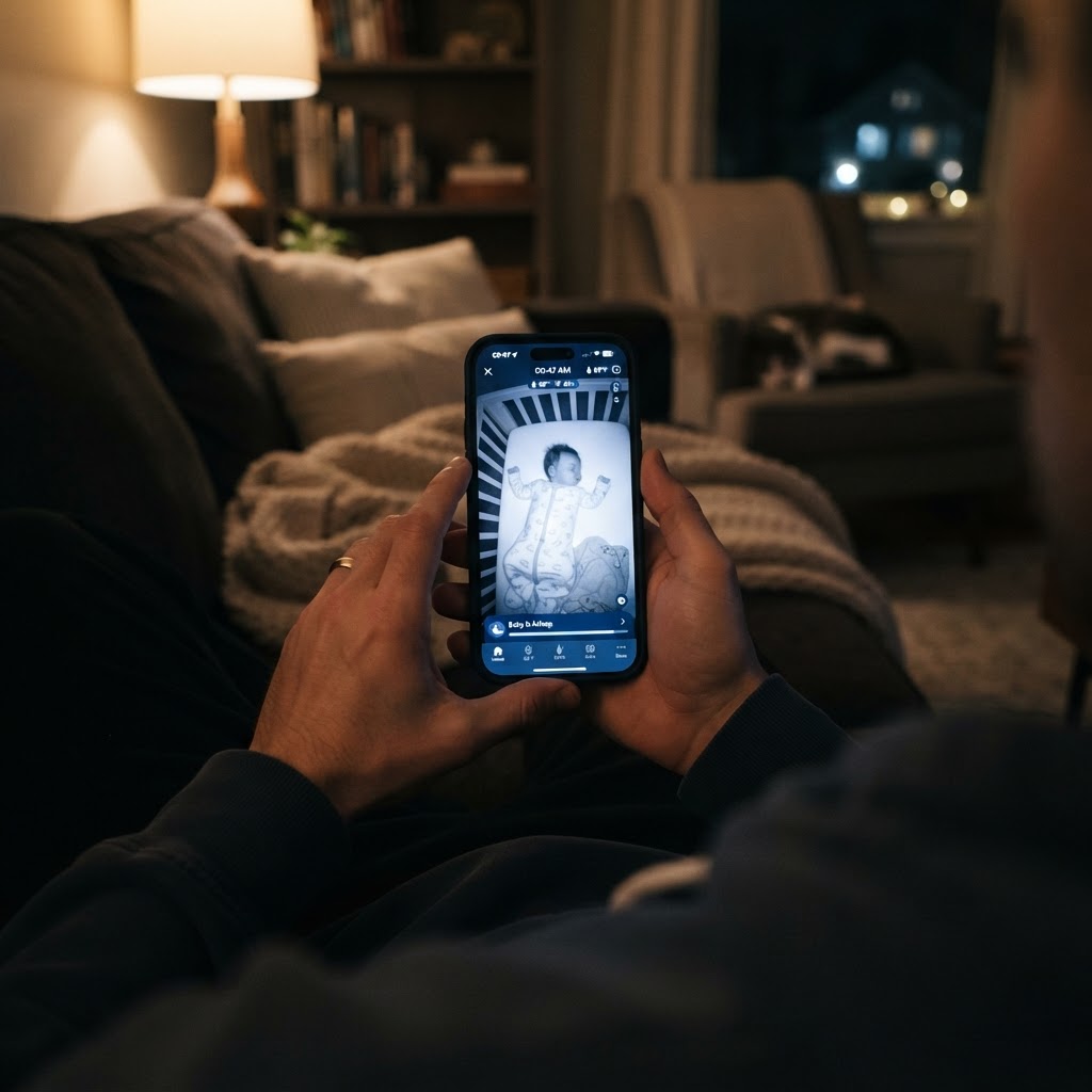 A parent holding a smartphone showing a live stream from their nursery camera
