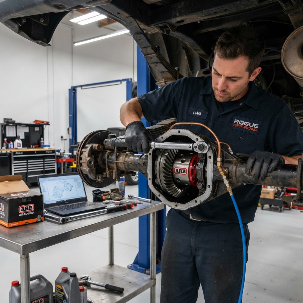 A technician at Spectrum Outfitters precision-installing an ARB Air Locker into a truck differential