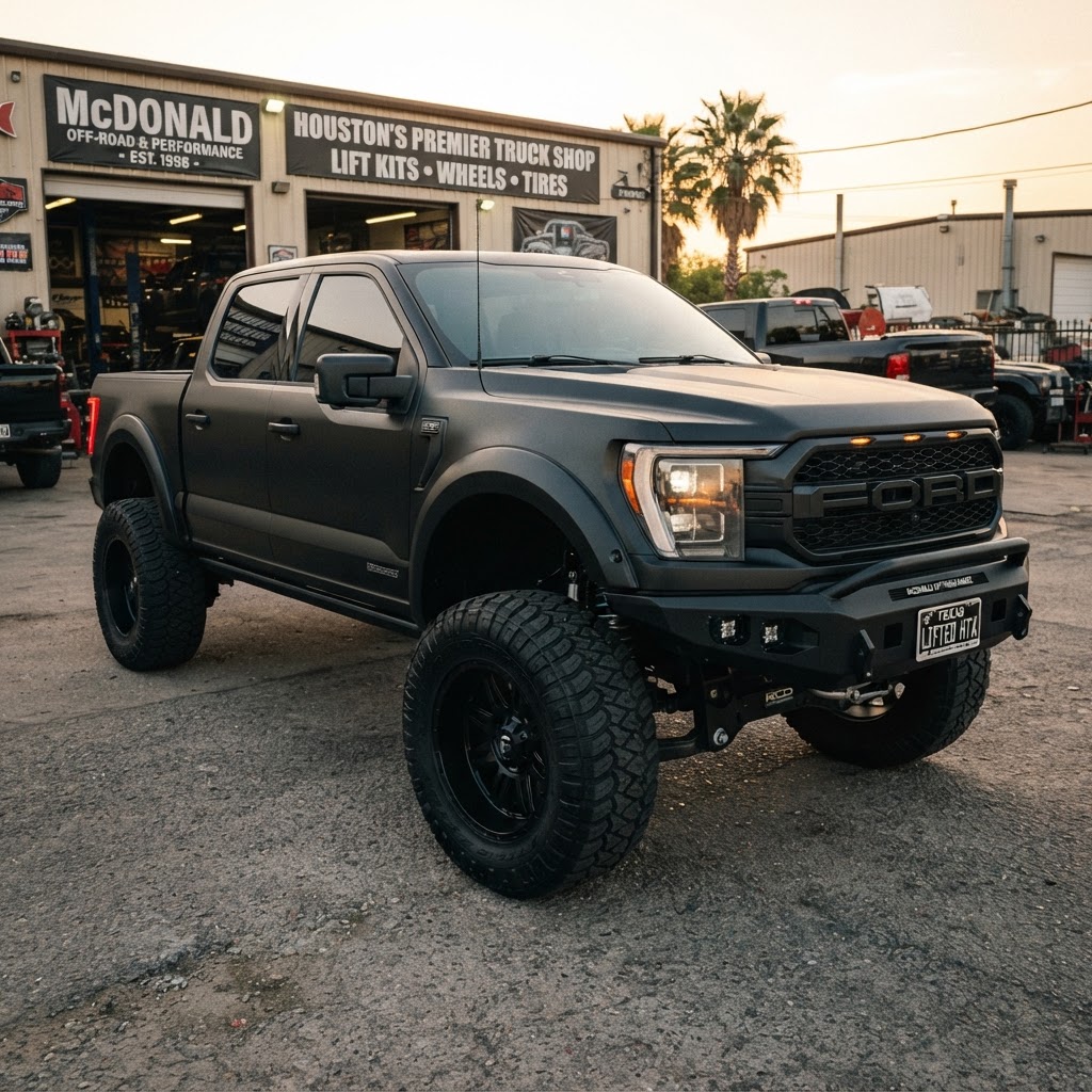 Close-up of a lifted F-150 on 37s