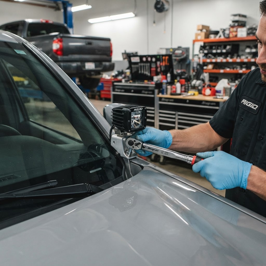 A close-up shot of a mechanic's hands carefully installing a Rigid D-Series pod light into the A-pillar mount of a Toyota Tacoma
