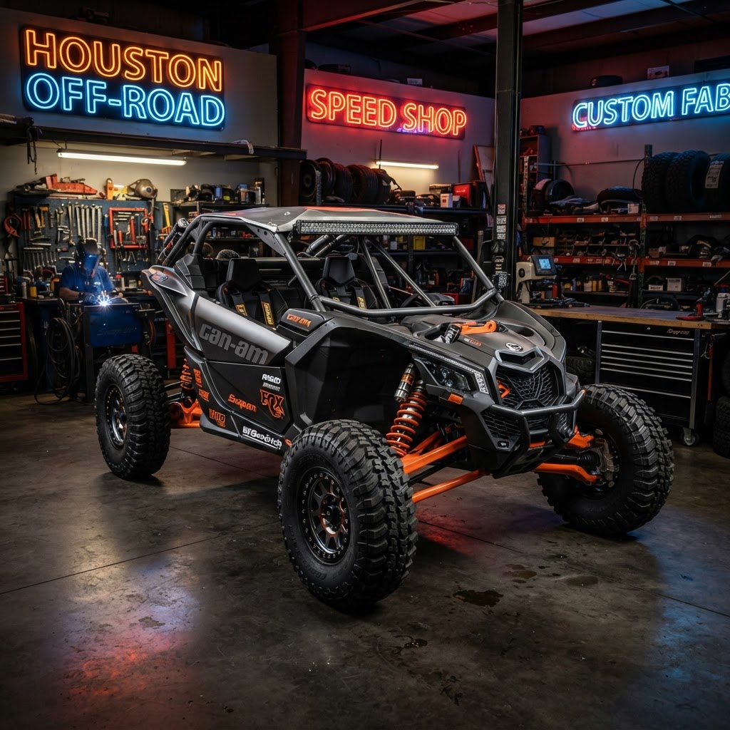 Close-up of a lifted UTV in a Houston shop