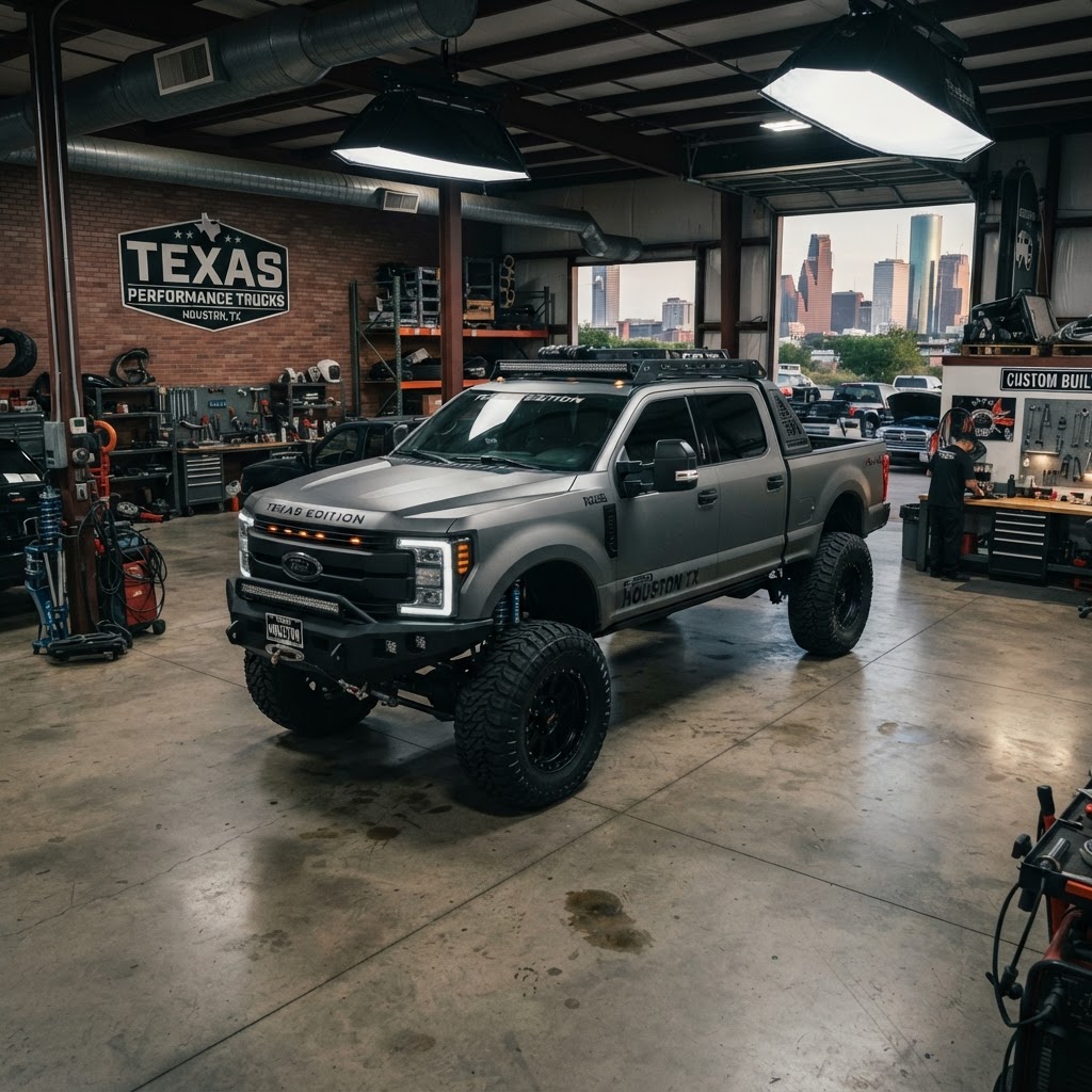 A custom lifted truck parked at a Houston shop