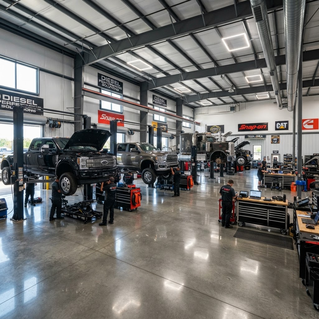A wide shot showing the Spectrum Outfitters workshop floor with several lifted diesel trucks