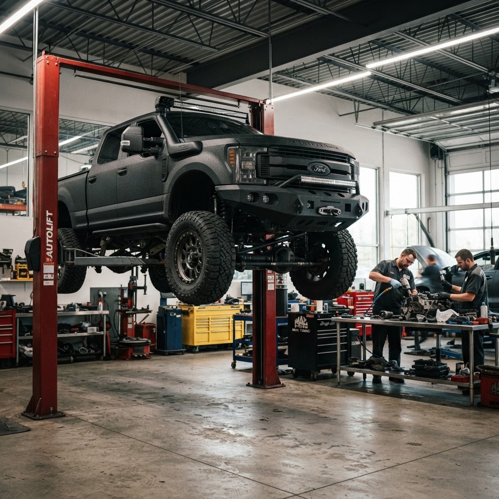 A aggressive lifted truck being serviced in a professional garage