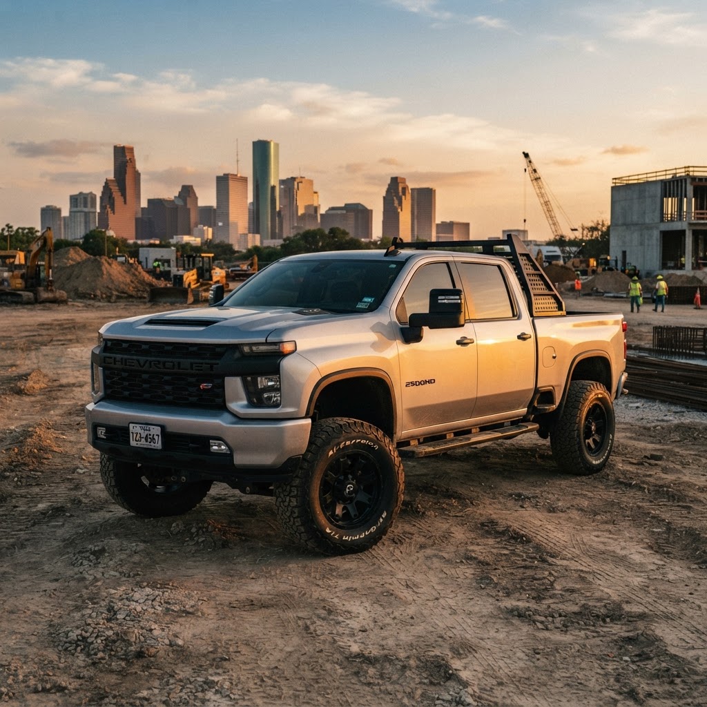 A rugged work truck parked at a Houston job site