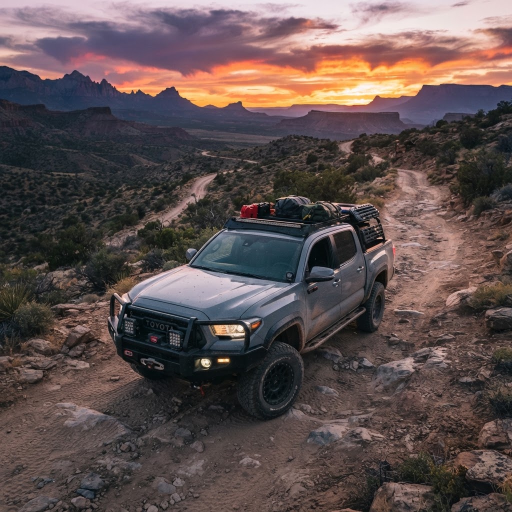 A custom Toyota Tacoma equipped with an ARB Deluxe Bull Bar and winch, perched on a rocky trail during sunset