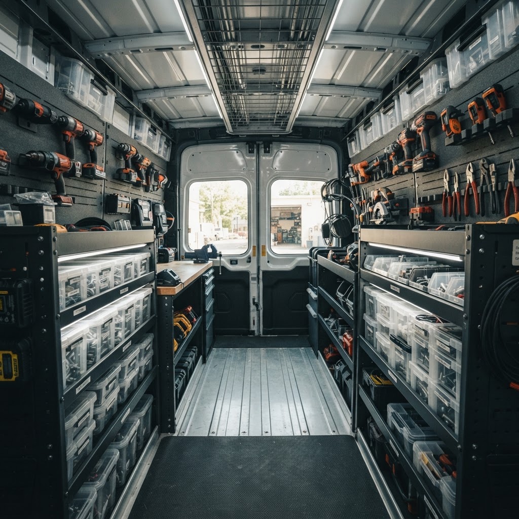 A meticulously organized work van interior featuring heavy-duty modular steel shelving and secured bins