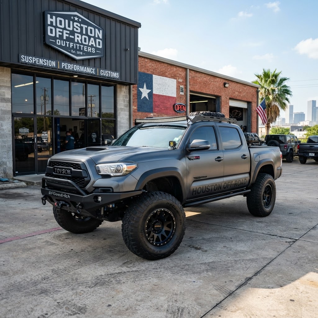 A custom-built truck with LED light bars and off-road tires parked in front of a modern shop