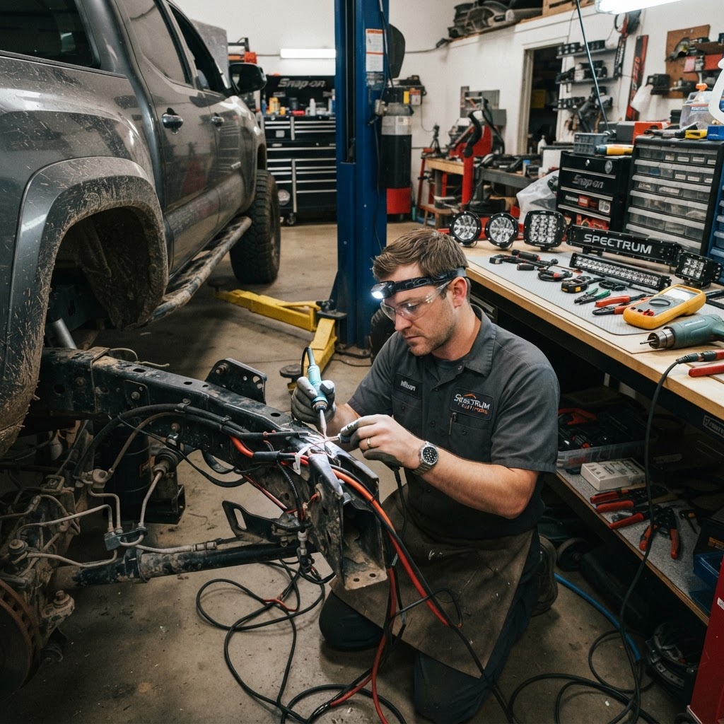 Mechanic working on the complex wiring harness of an off-road LED lighting system inside a professional garage