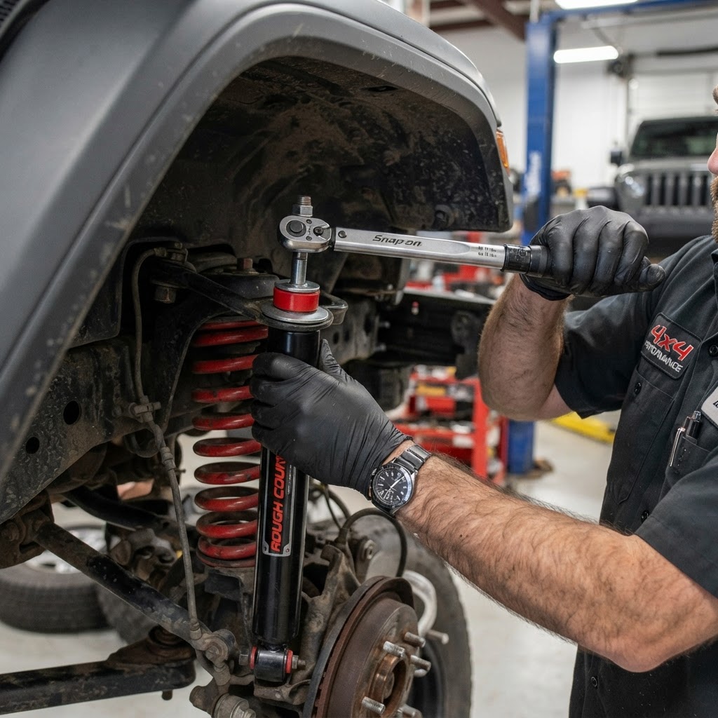A technician installing a Rough Country shock absorber on a lifted Jeep Wrangler