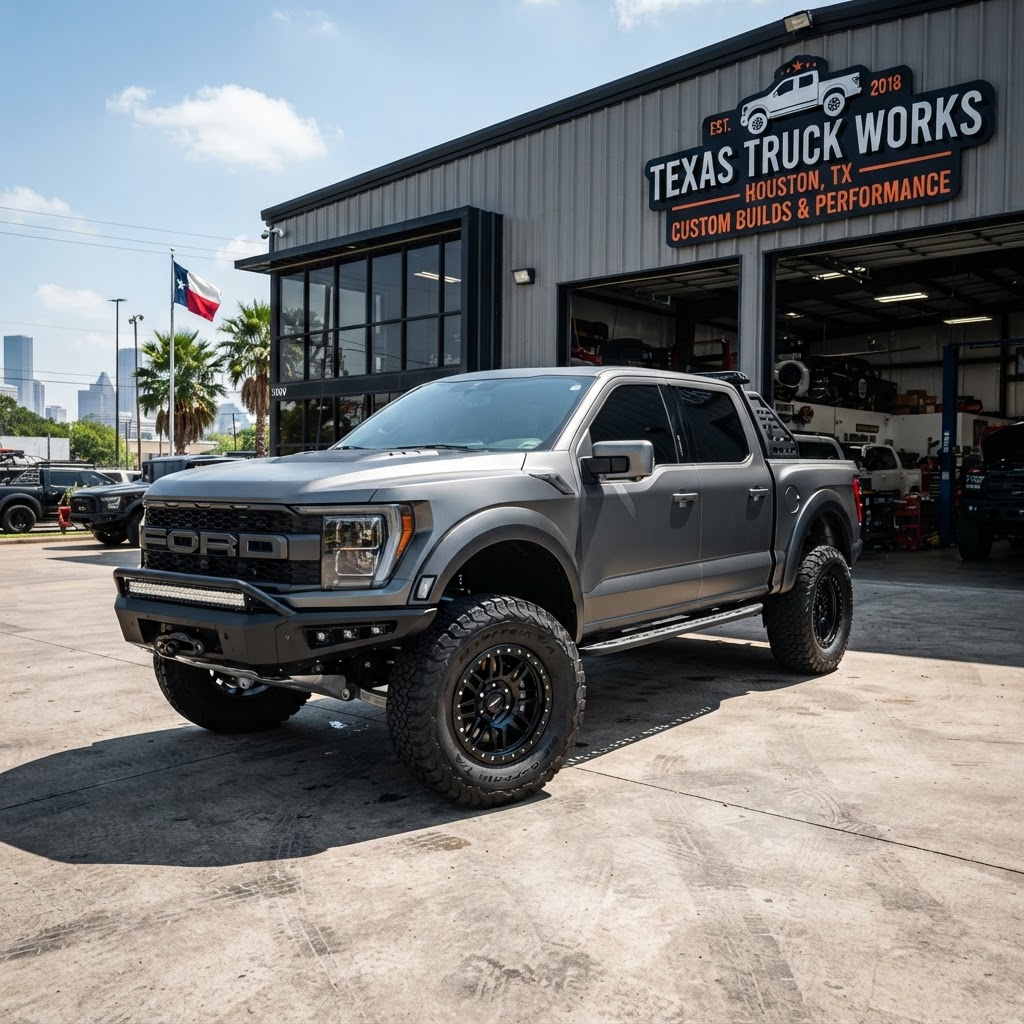 A rugged, lifted truck parked at a Houston shop
