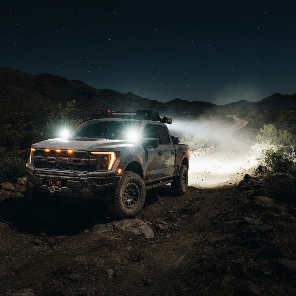A rugged blacked-out Ford F-150 Raptor equipped with Baja Designs Squadron Pro ditch lights glowing bright white against a dark Houston night.