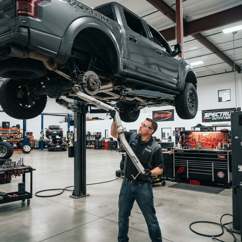 A technician installing a gleaming Borla stainless steel exhaust on a lifted Ford F-150 in a professional shop environment