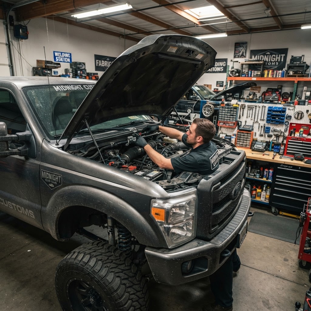 A technician inspecting the windshield wiper assembly on a lifted truck.