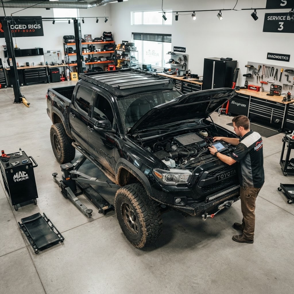 A lifted truck in a professional shop bay