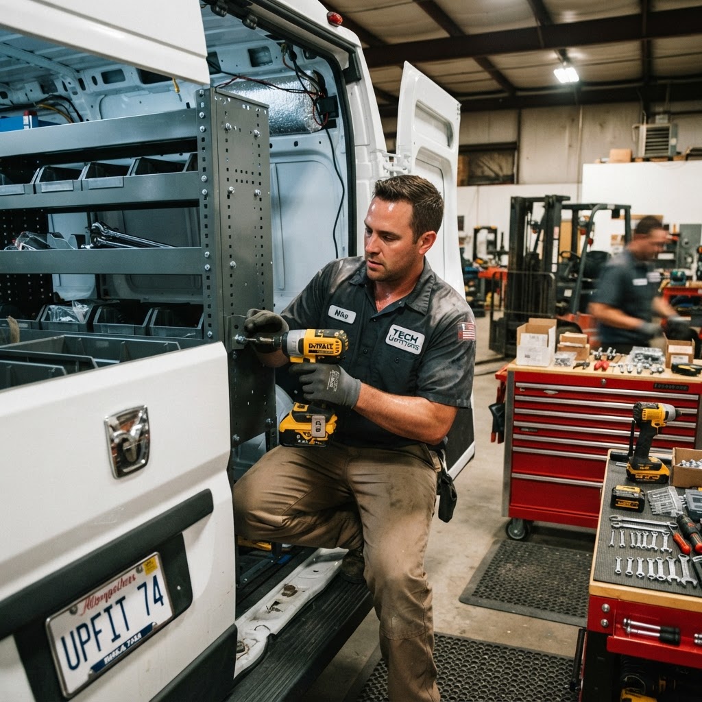 Mechanic installing van shelving