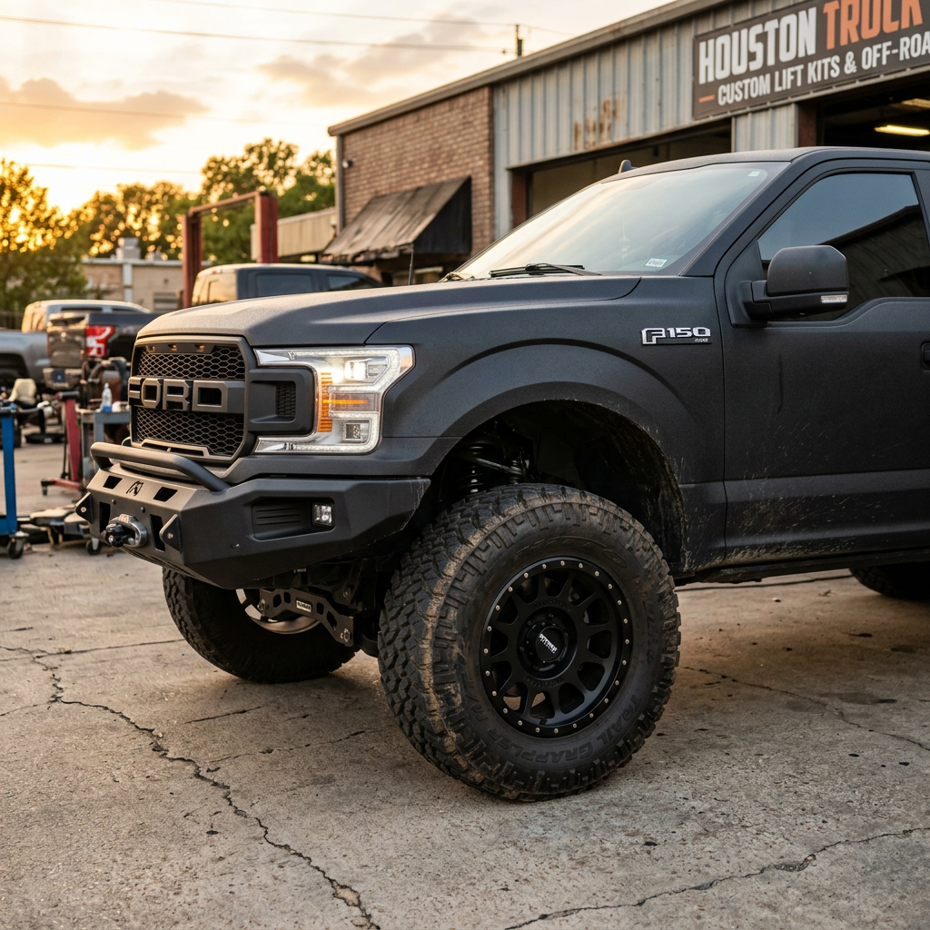 Close-up of a lifted F-150 on 37s