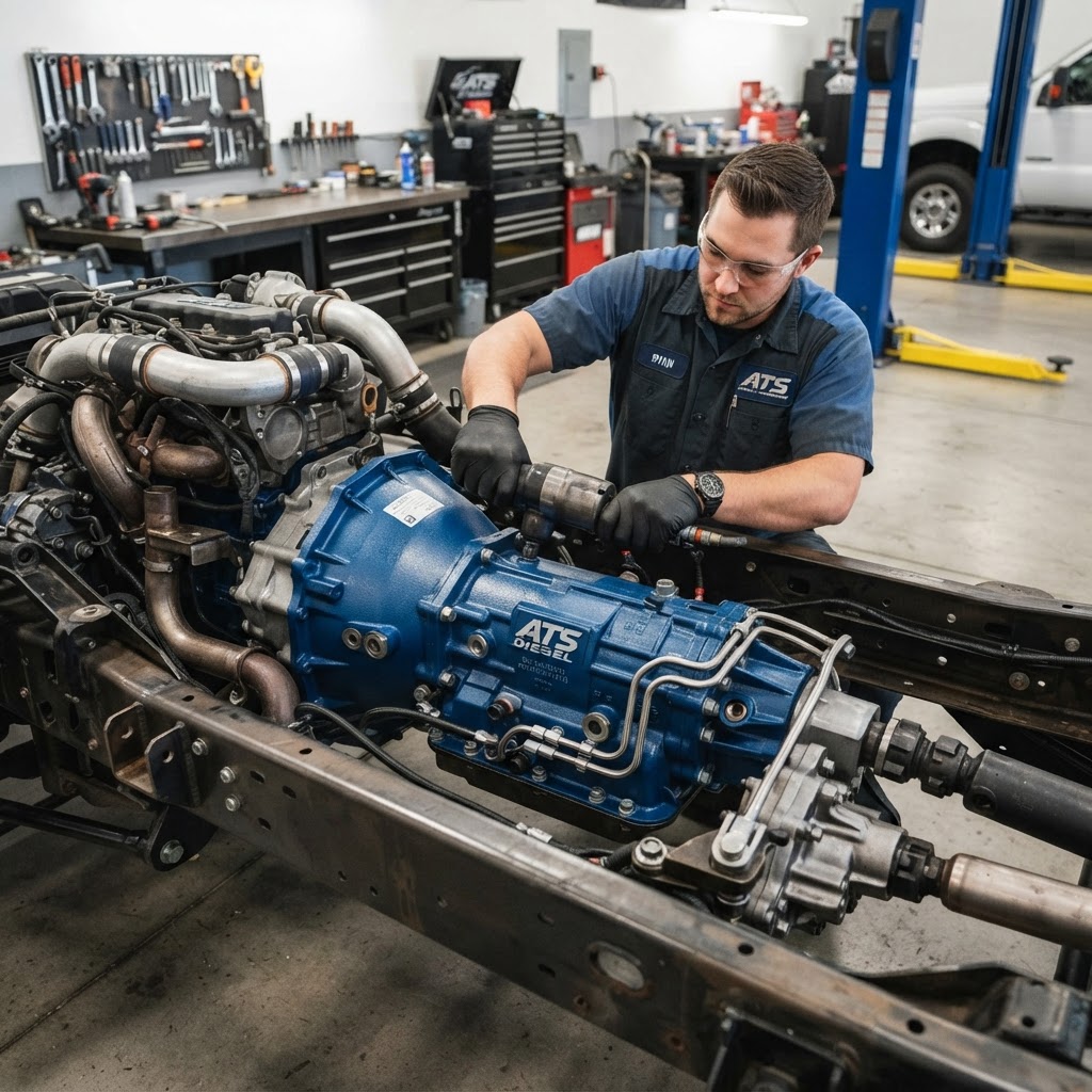 A technician installing a reinforced ATS transmission into a heavy-duty truck chassis