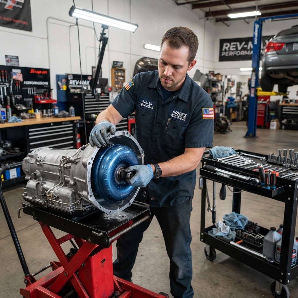 Mechanic installing a transmission component