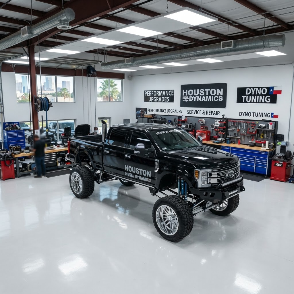 Customized diesel truck in a Houston shop