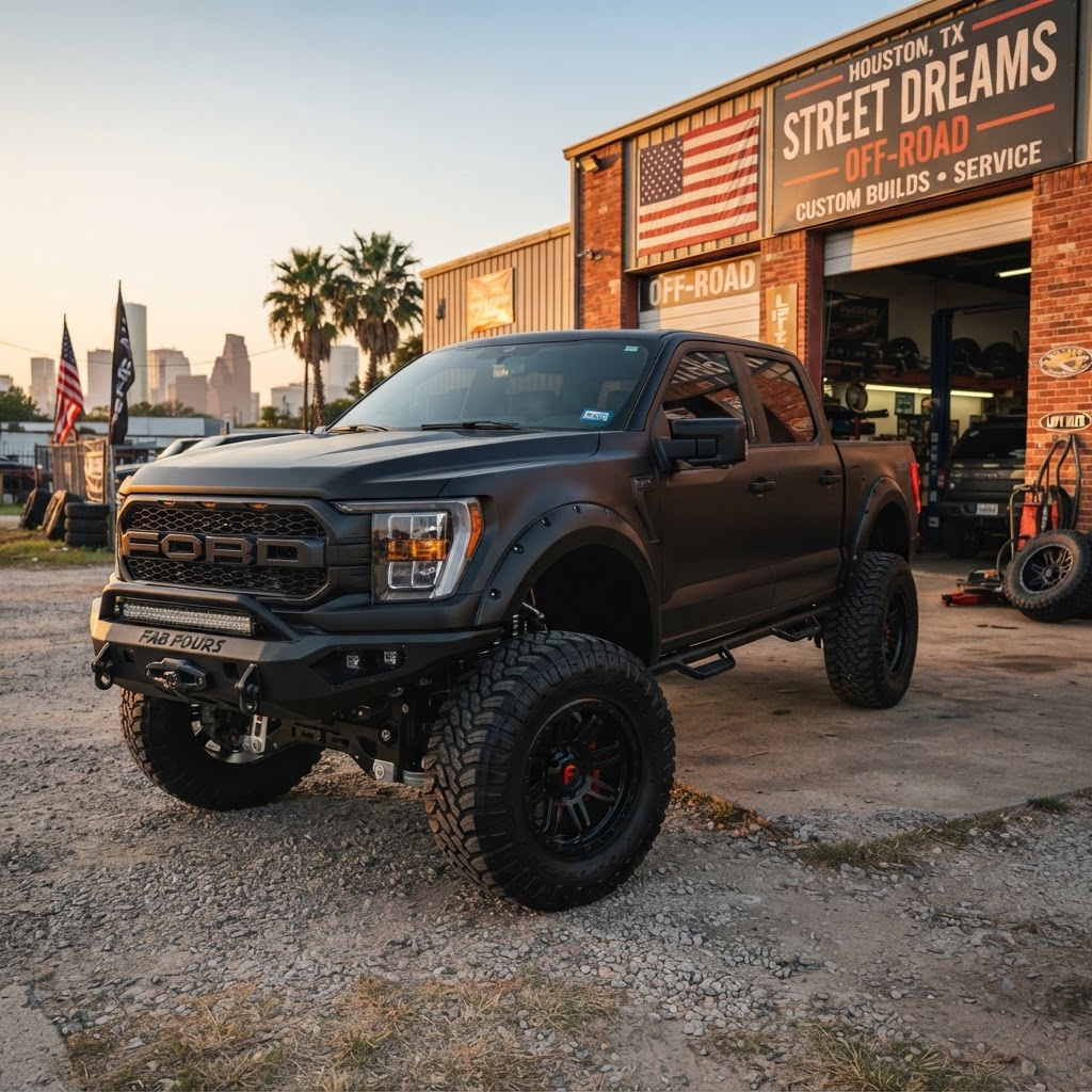 Close-up of a lifted F-150 on 37s