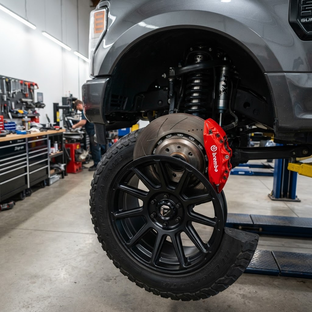 A close-up of a massive Brembo big brake kit installed on a lifted truck