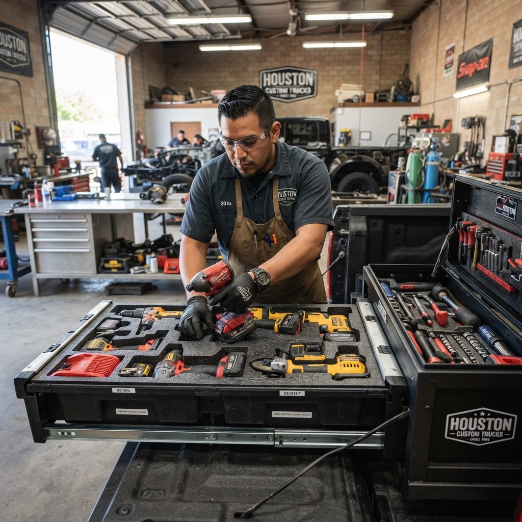 Mechanic organizing tools in a truck bed