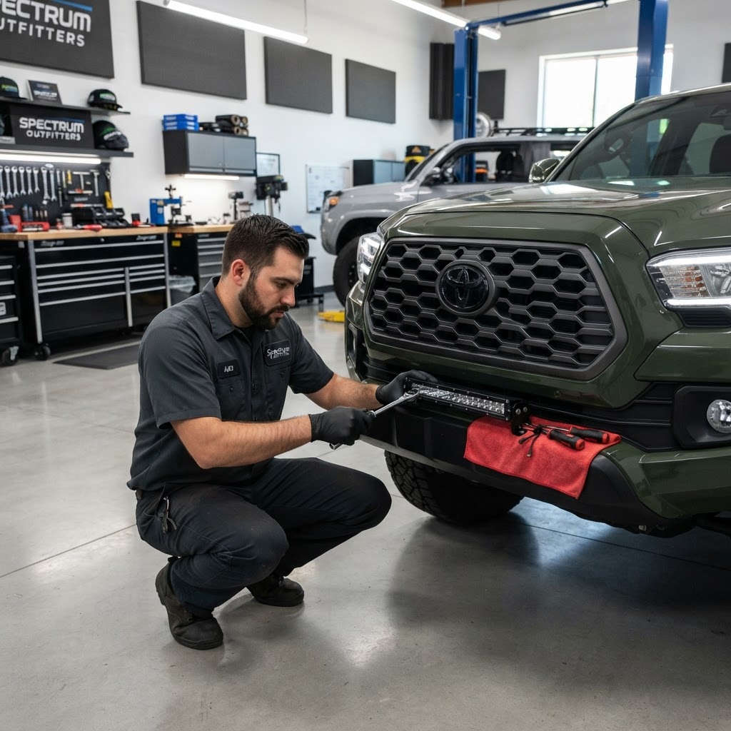 A clean workshop interior at Spectrum Outfitters in Houston with a technician meticulously installing a Baja Designs S8 light bar on a Toyota Tacoma front bumper.
