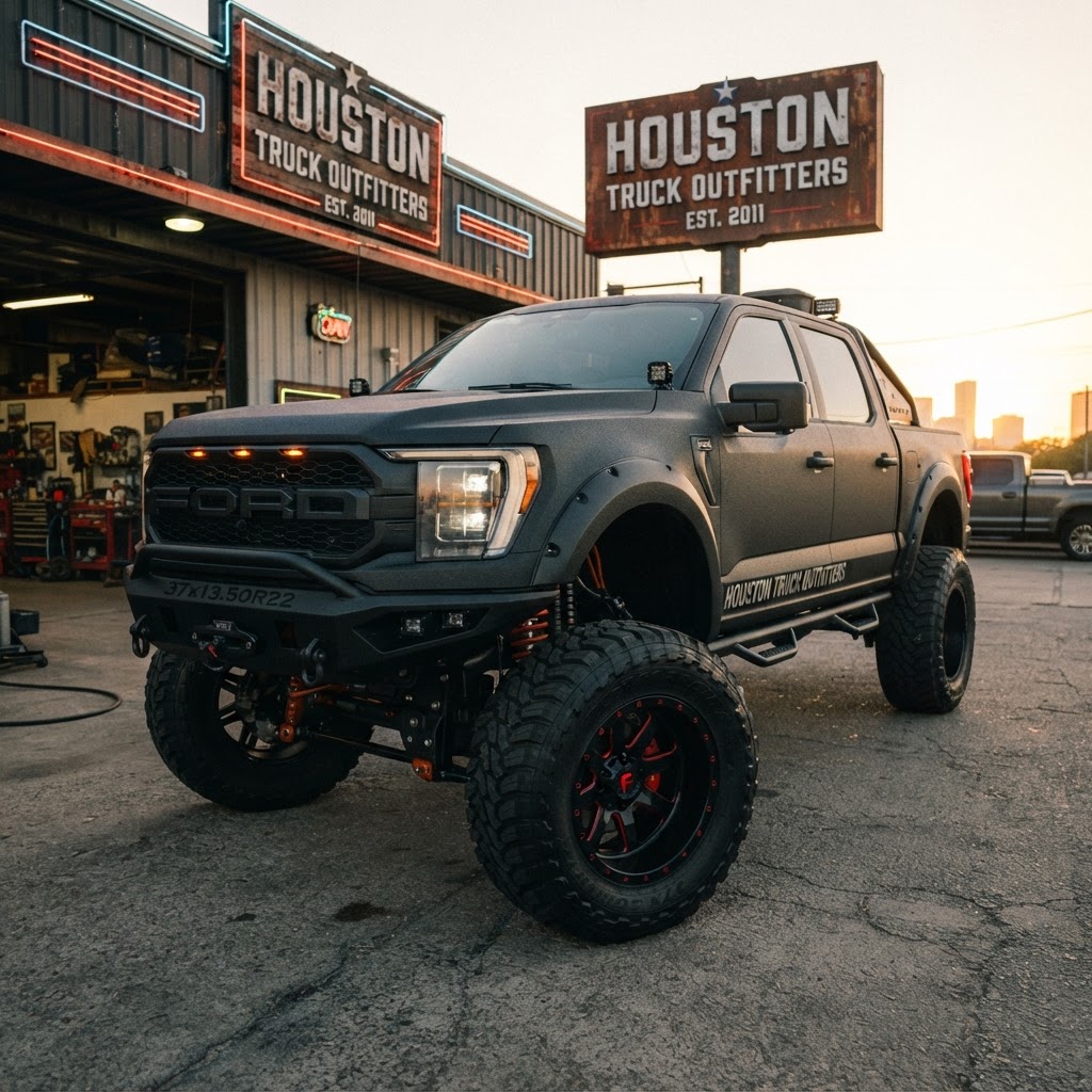 Close-up of a lifted F-150 on 37s